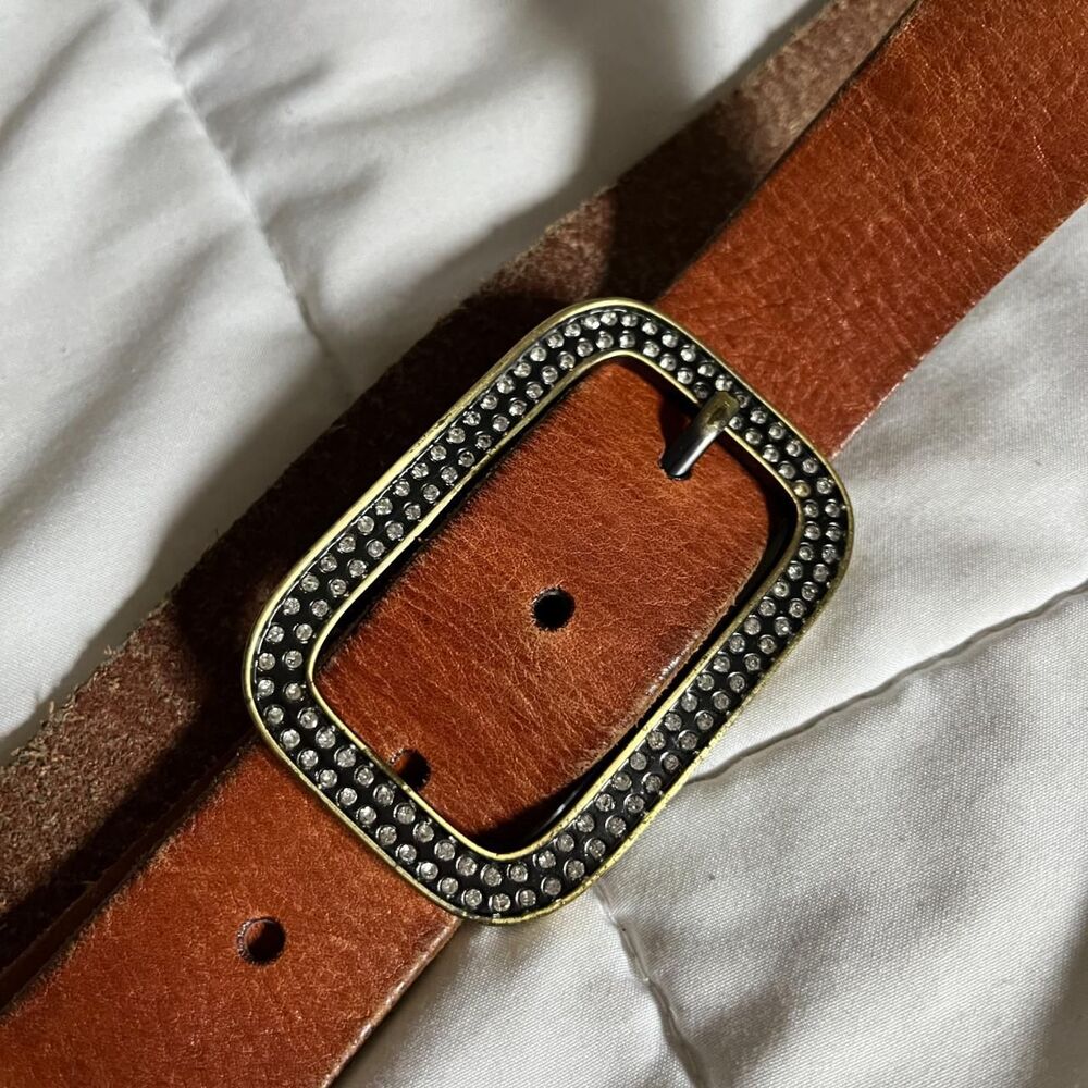 Vintage Y2K Brown Leather Bedazzled Rhinestones Belt from American Eagle